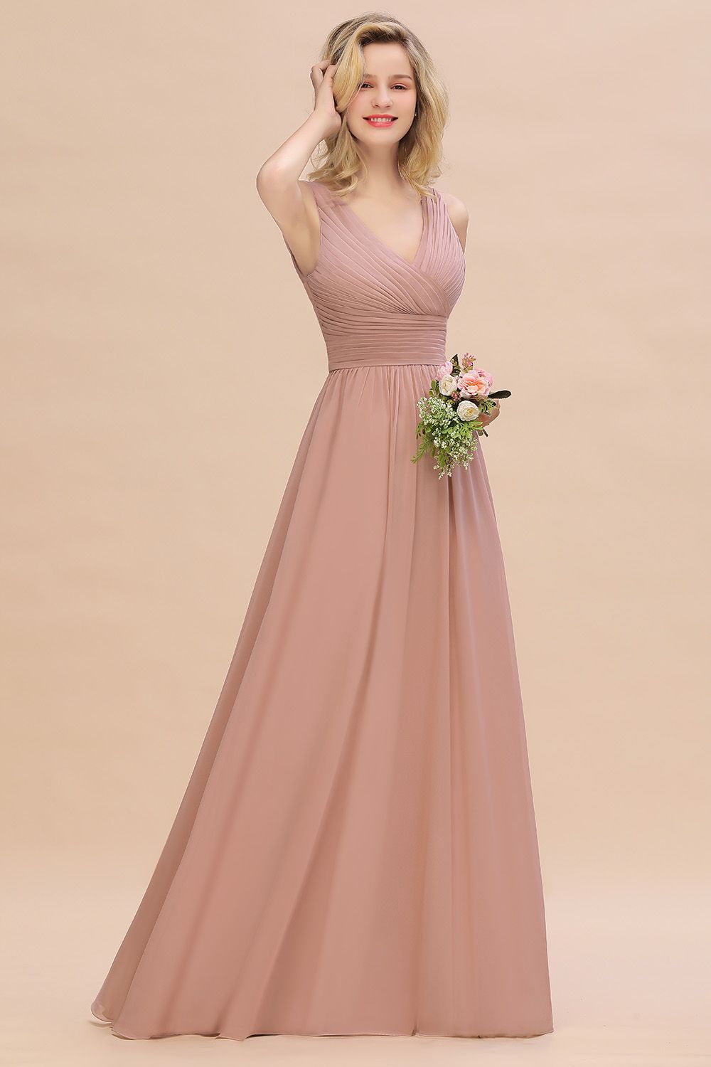 Elegant A-line V-Neck Ruffles Long Bridesmaid Dress
