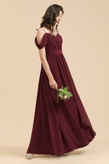 Long A-line Off the Shoulder Chiffon Bridesmaid Dress with Slit Burgundy Evening Maxi Dress
