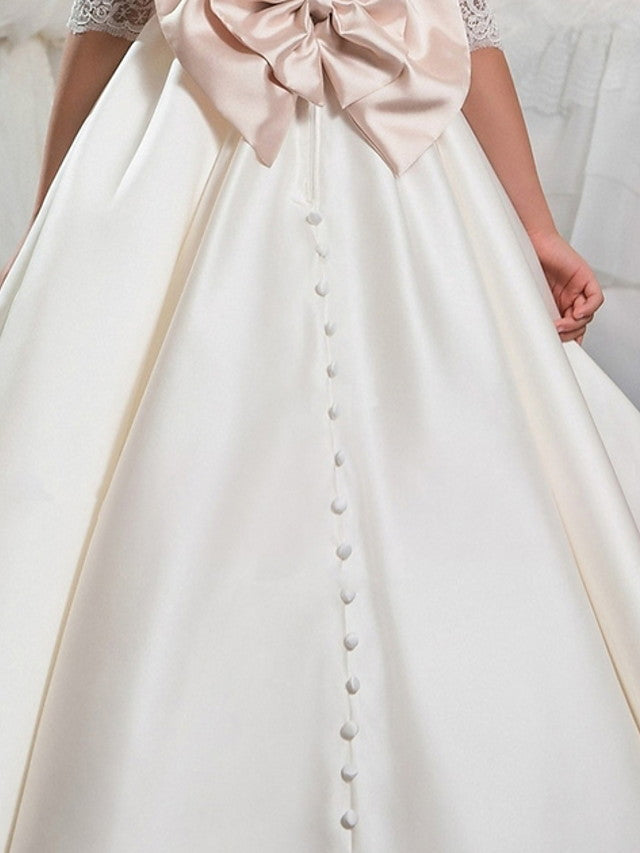 Ivory Long Ball Gown Floor Length Satin Flower Girl Dresses with Sleeves