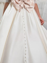 Ivory Long Ball Gown Floor Length Satin Flower Girl Dresses with Sleeves