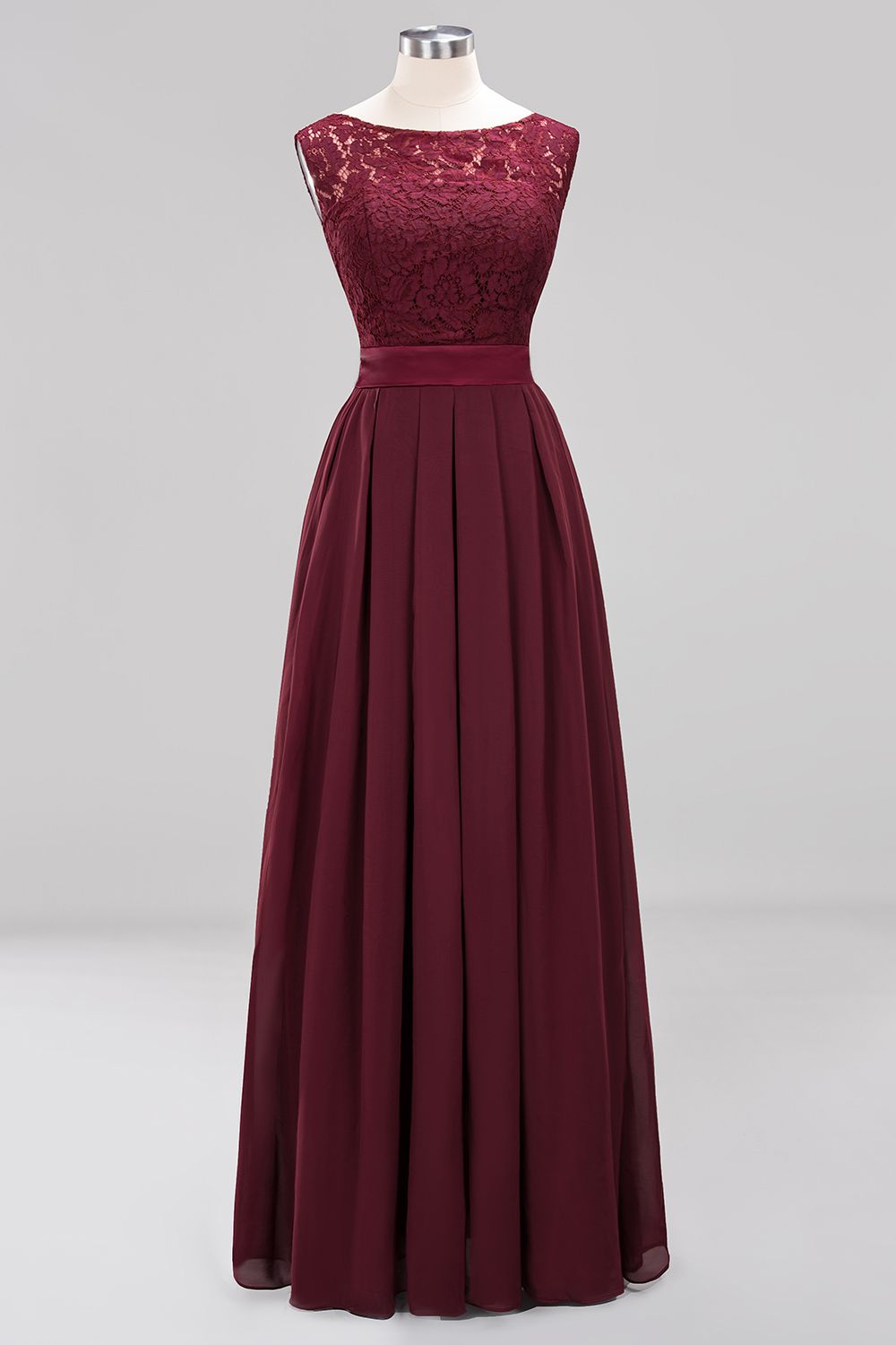 A-line Chiffon Lace Jewel Sleeveless Ruffles Floor Length Bridesmaid Dress