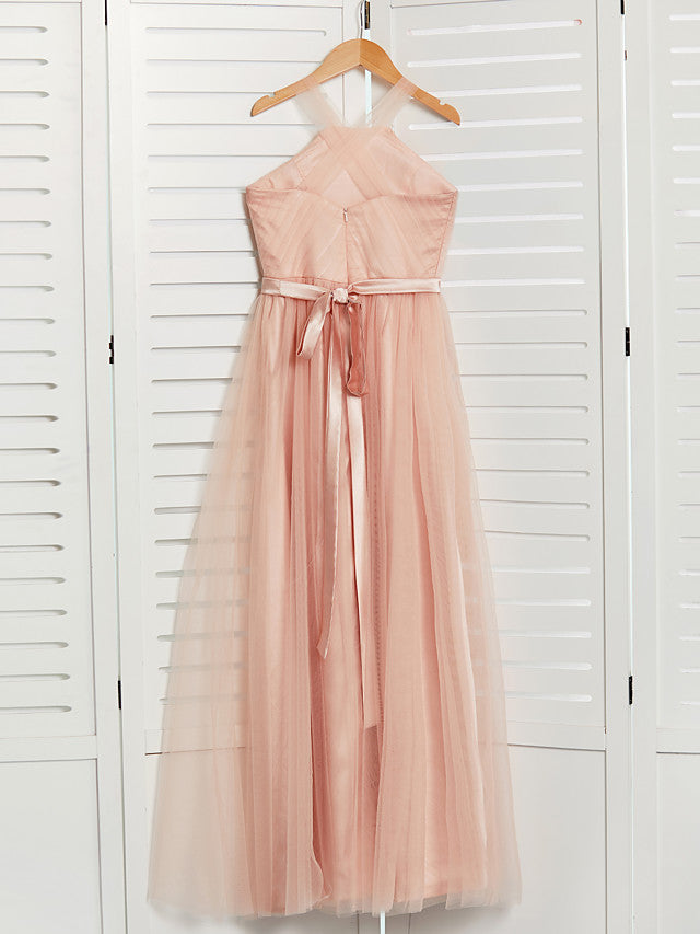 Long A-Line Halter Neck Junior Bridesmaid Dress Tulle Wedding Party Dresses