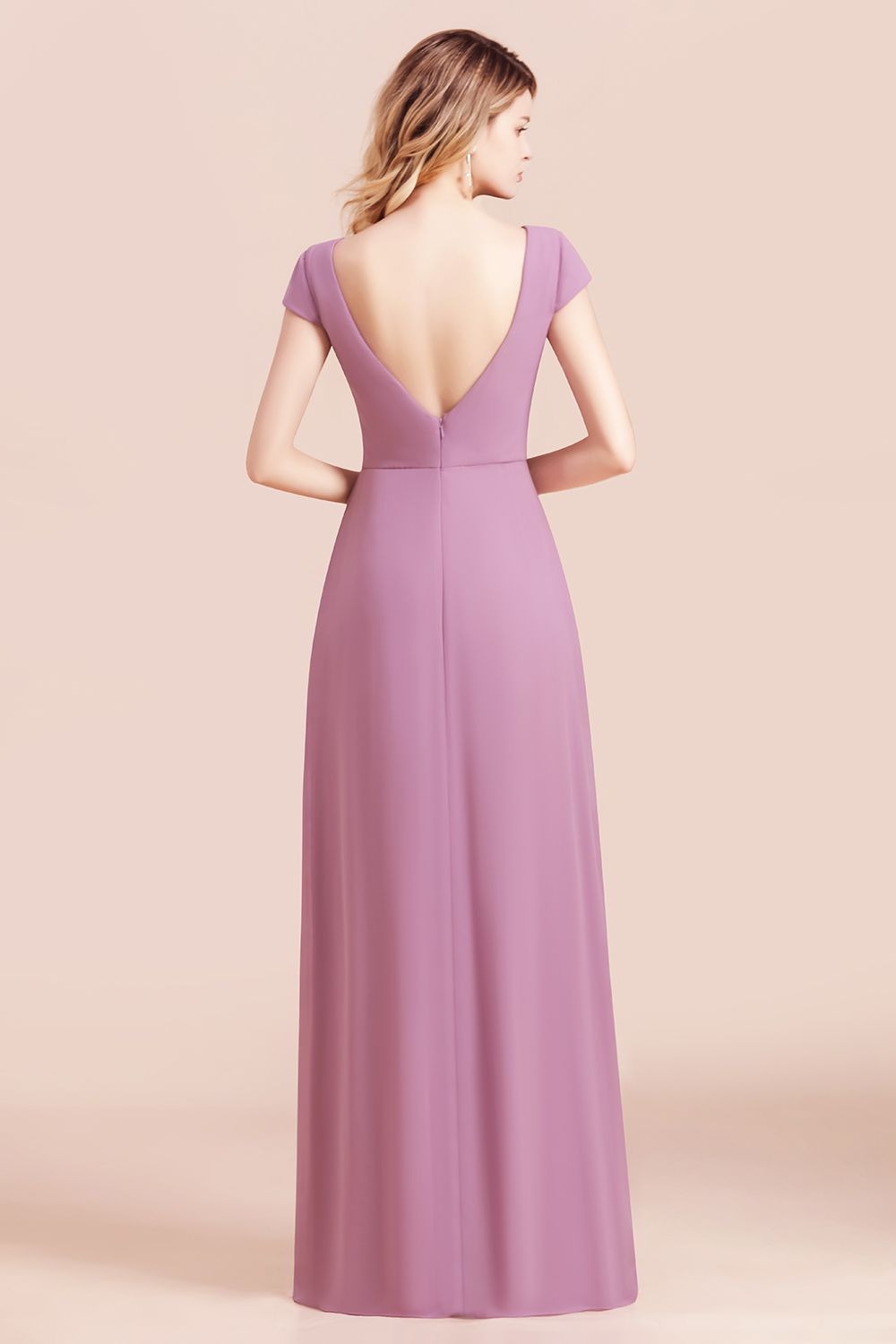 Stylish V-neck Backless A-Line Short Sleeves Chiffon Bridesmaid Dress Wth Side Slit Pockets