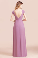 Stylish V-neck Backless A-Line Short Sleeves Chiffon Bridesmaid Dress Wth Side Slit Pockets