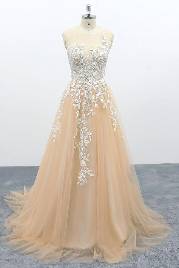 Long A-line Sweetheart Appliques Tulle Backless Wedding Dress
