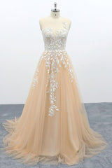 Long A-line Sweetheart Appliques Tulle Backless Wedding Dress