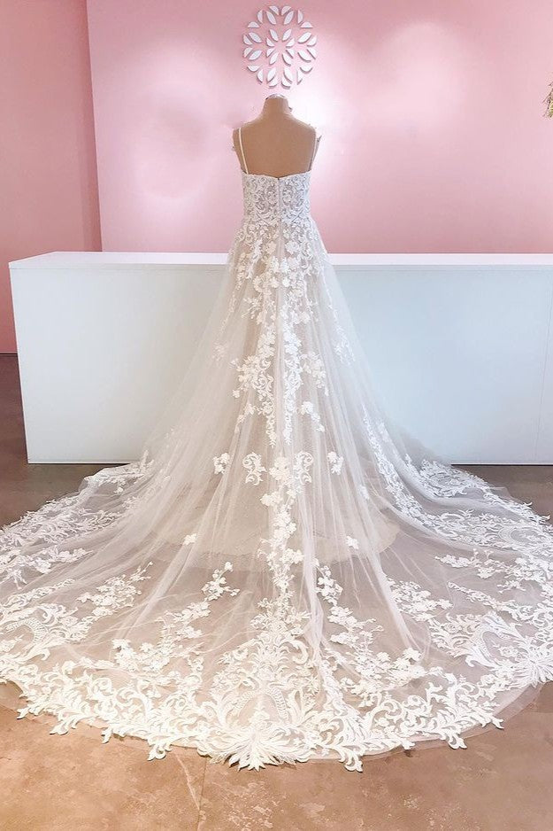 Classy Long Spaghetti Straps Appliques Lace A-Line Tulle Backless Wedding Dress