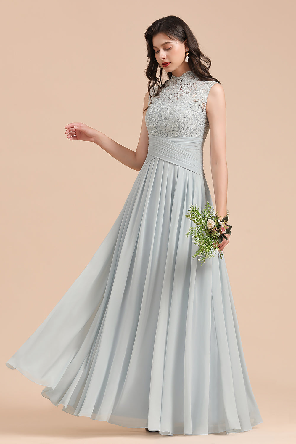 Long A-line High Neck Lace Sleeveless Chiffon Bridesmaid Dress