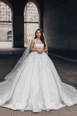 Gorgeous Long Ball Gown Square Neck Floral Lace Tulle Wedding Dresses