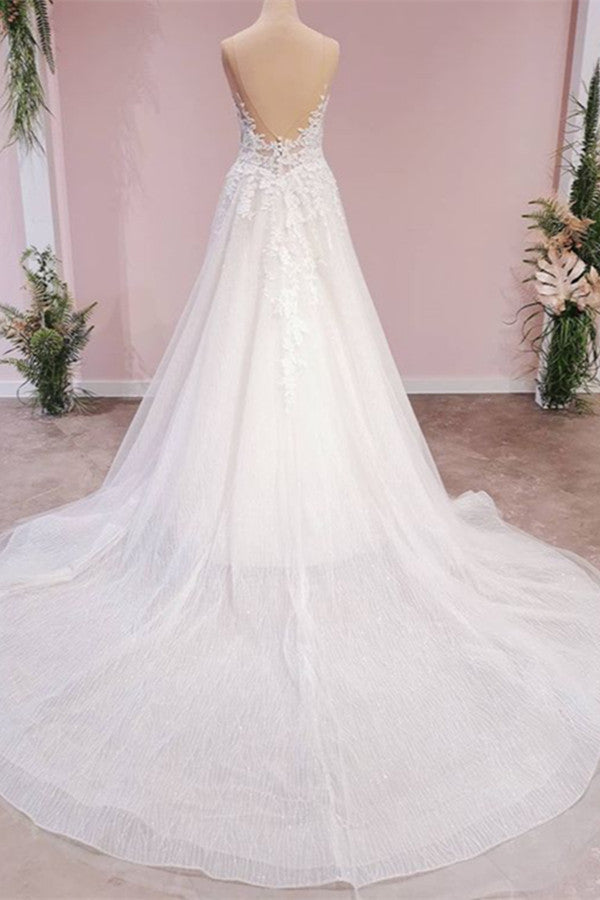 Long A-Line Appliques Lace Tulle Backless Sweetheart Floor Length Wedding Dress