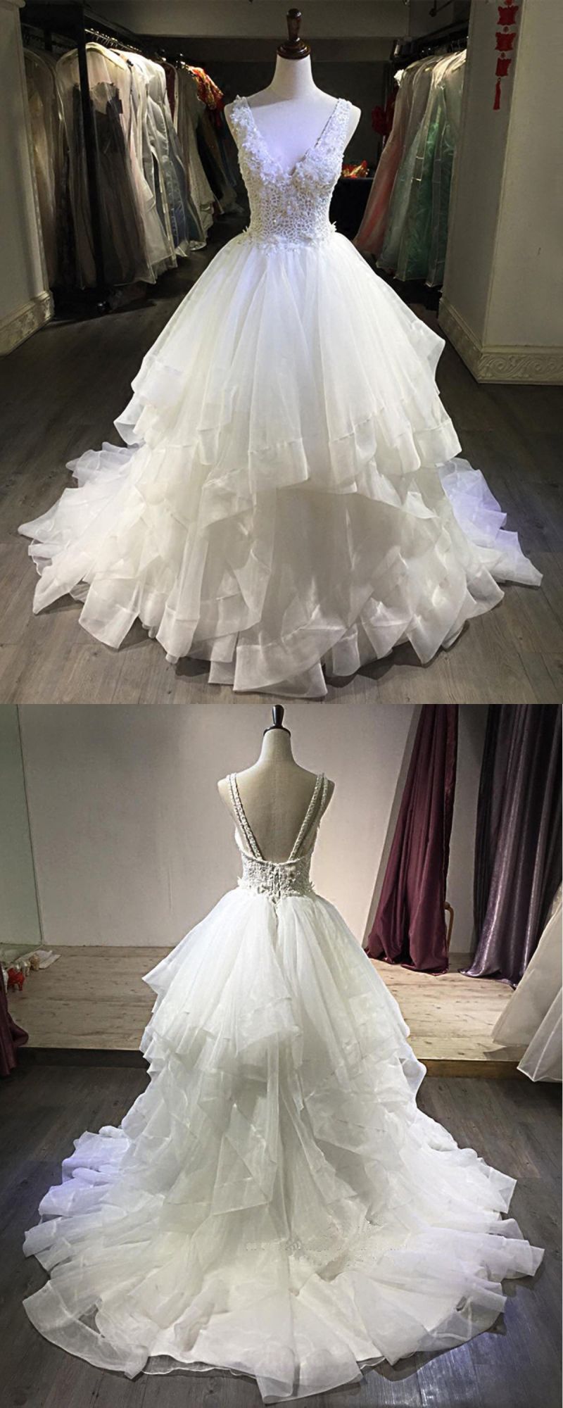 White A-line V-neck Lace Open Back Long Layered Wedding Dress