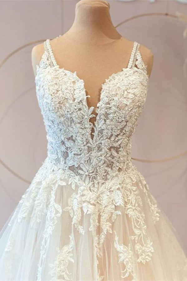 Classy Long A-line Sweetheart Tulle Appliques Lace Wedding Dresses