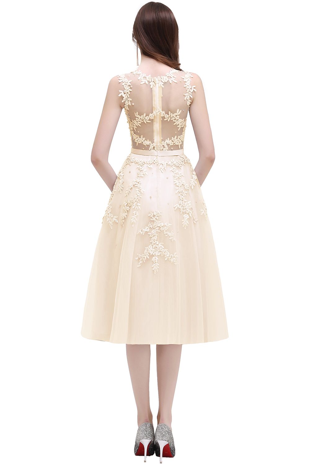 Short A-line Sleeveless Crew Neck Tulle Lace Formal Dress