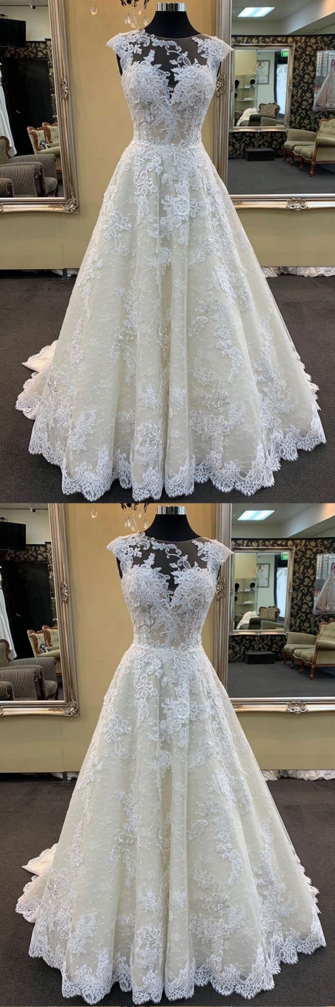 Ivory A-line Long Lace Round Neck Cap Sleeve Sweep Train Wedding Dress