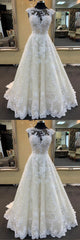 Ivory A-line Long Lace Round Neck Cap Sleeve Sweep Train Wedding Dress
