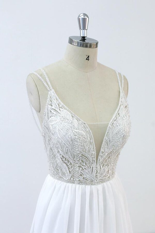 Elegant Long V-neck Beading Chiffon A-line Wedding Dress