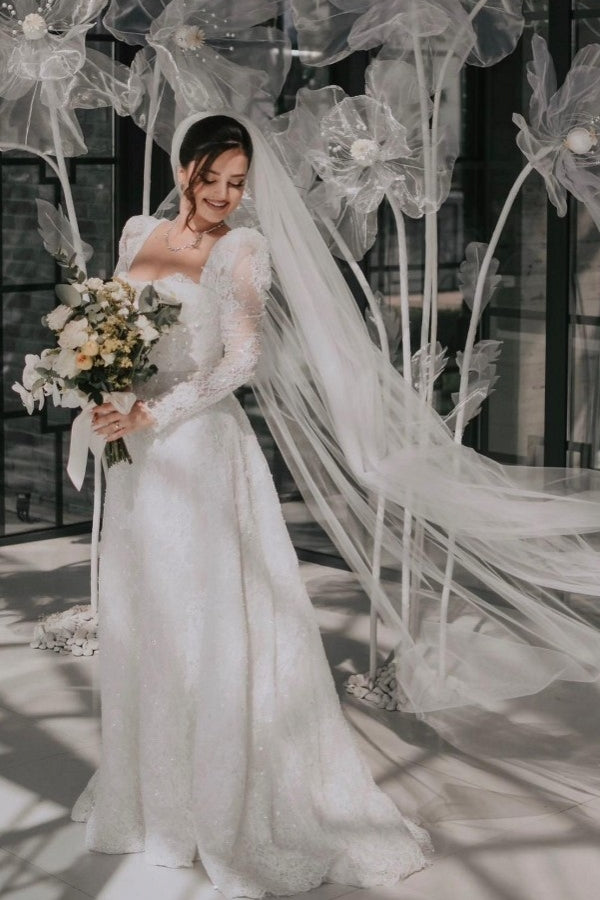 Square Neckline A-line Lace Long Sleeves Floor Length Wedding Dress