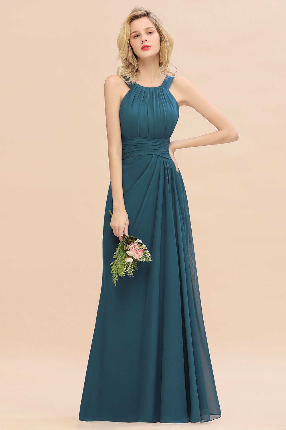 Long A-line Halter Chiffon Backless Floor Length Bridesmaid Dresses