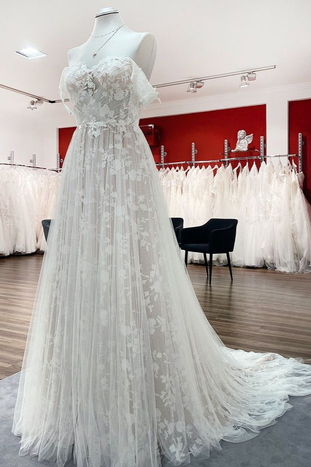 Gorgeous Long A-line Off the Shoulder Tulle Appliques Lace Ruffles Wedding Dress