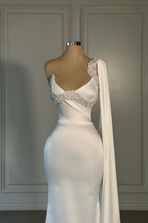Long Satin White Mermaid Strapless Prom Dress with Cape