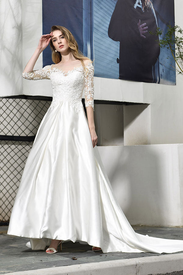 Elegant Long Lace-up A-Line Applique Satin Wedding Dress