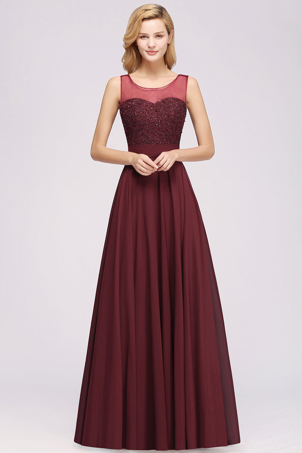A-Line Chiffon Tulle Lace Beadings Jewel Sleeveless Floor Length Bridesmaid Dresses with Sash