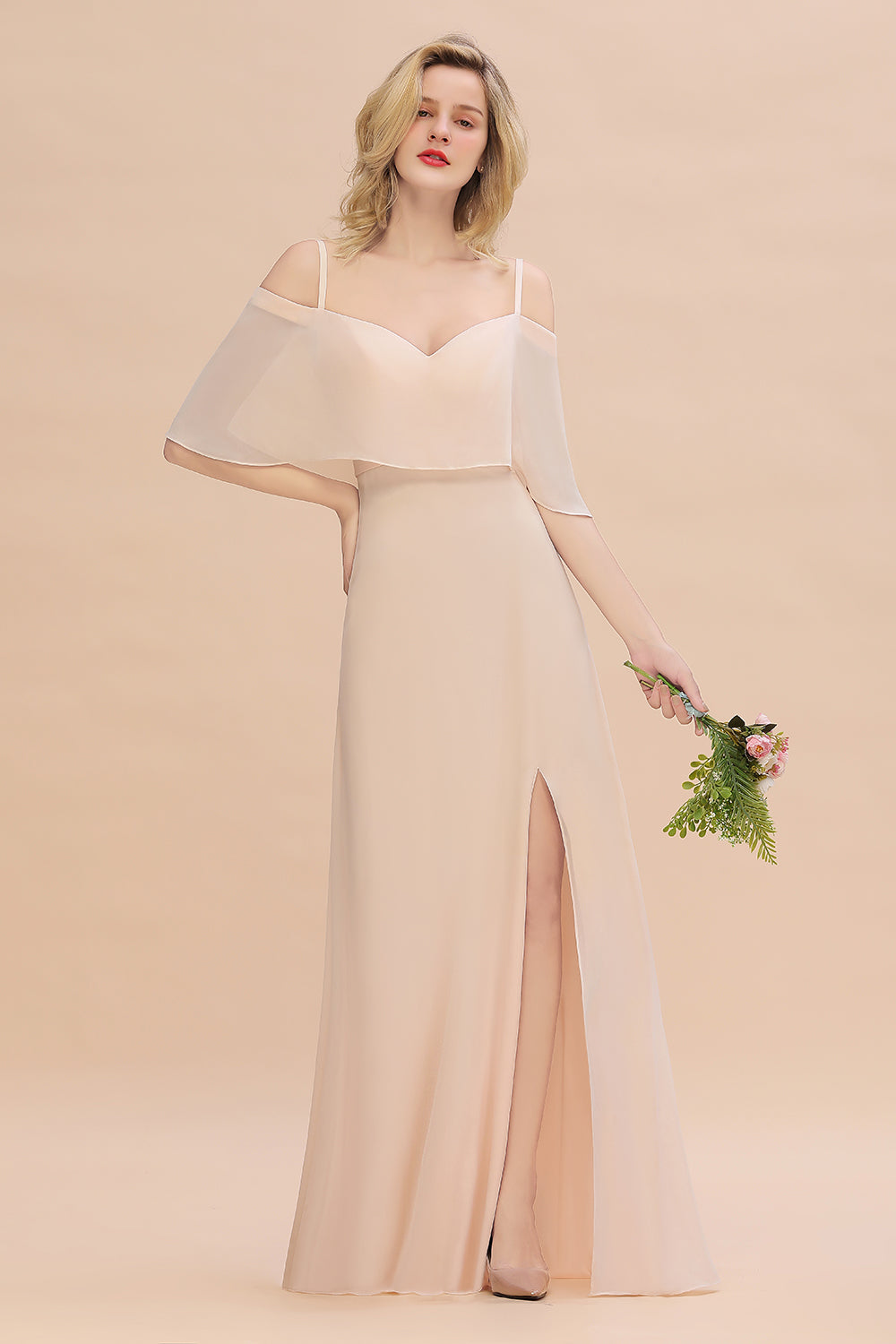 Long A-line Off the Shoulder Chiffon Spaghetti Straps Side Split Bridesmaid Dress