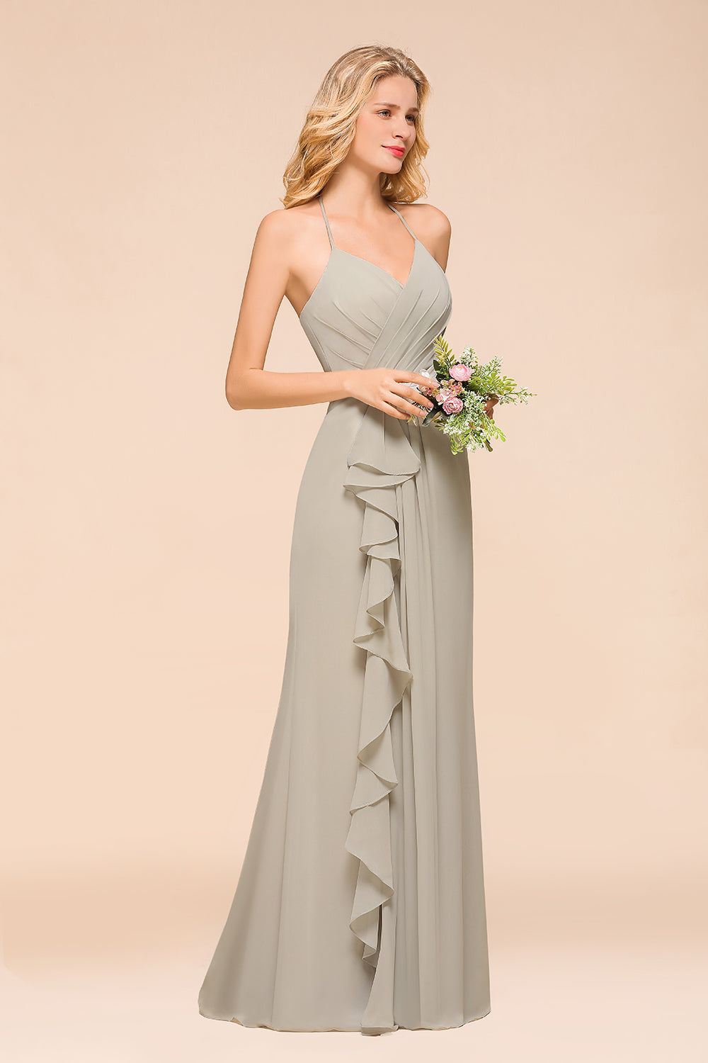 Stunning Halter V-neck Chiffon A-line Floor Length Bridesmaid Dress With Ruffles Embellishment