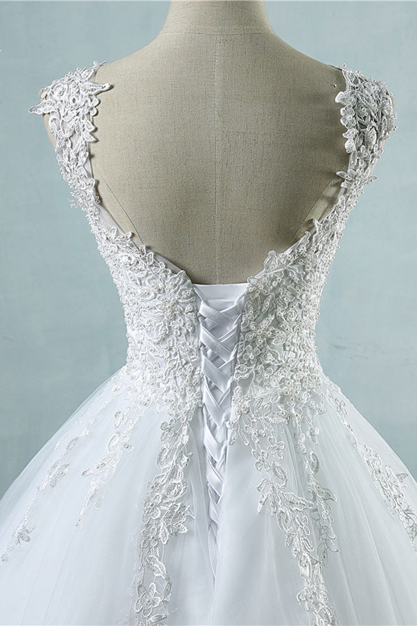 Long Lace-up Appliques Tulle A-line Wedding Dress