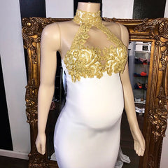 Long High Neck Appliques Lace Mermaid White Formal Evening Dress