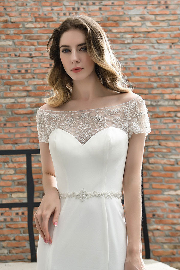 Long Mermaid Satin Lace Wedding Dress with Short Sleeve