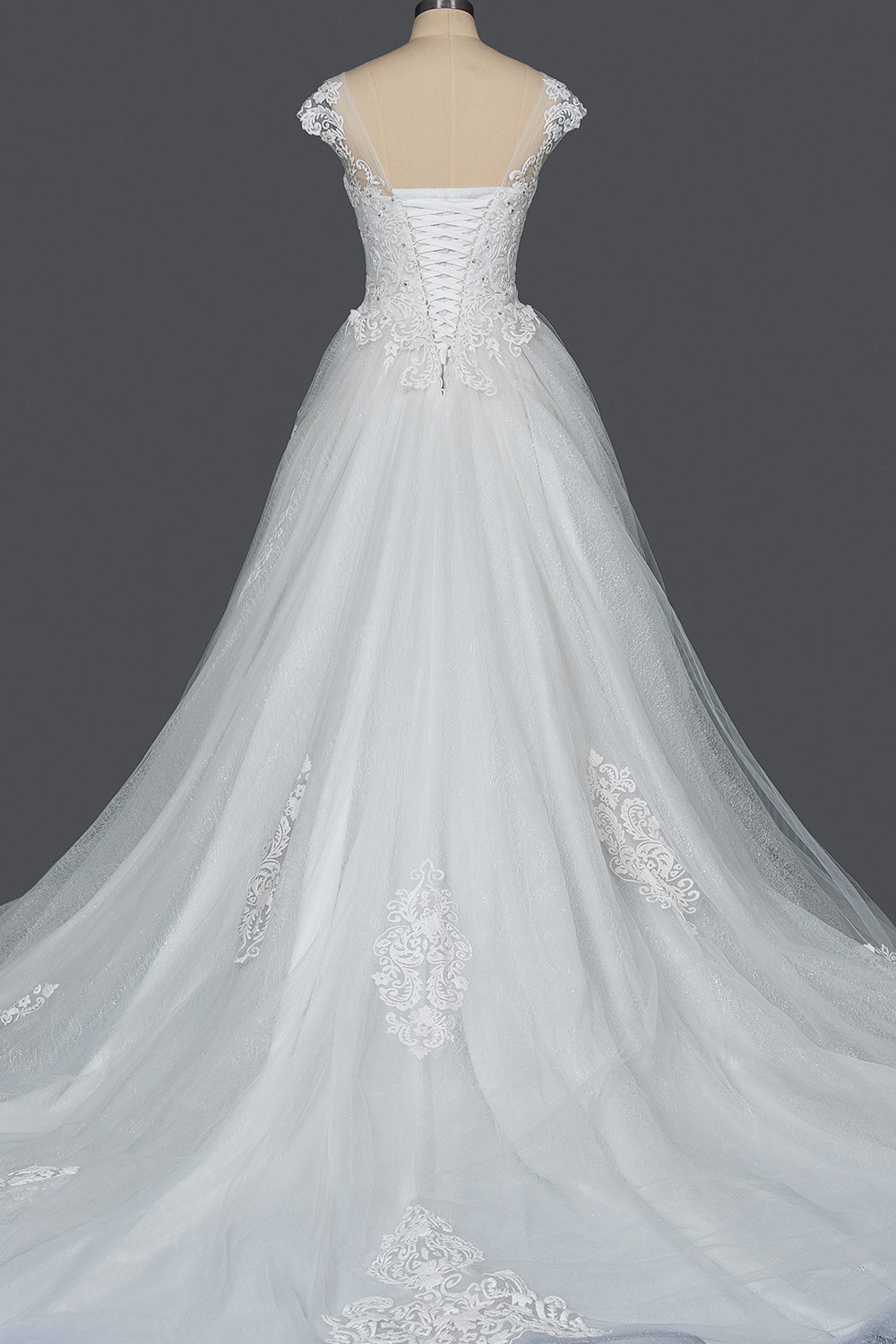 Elegant Long Cap Sleeve Tulle Lace V-neck Ball Gown Wedding Dresses