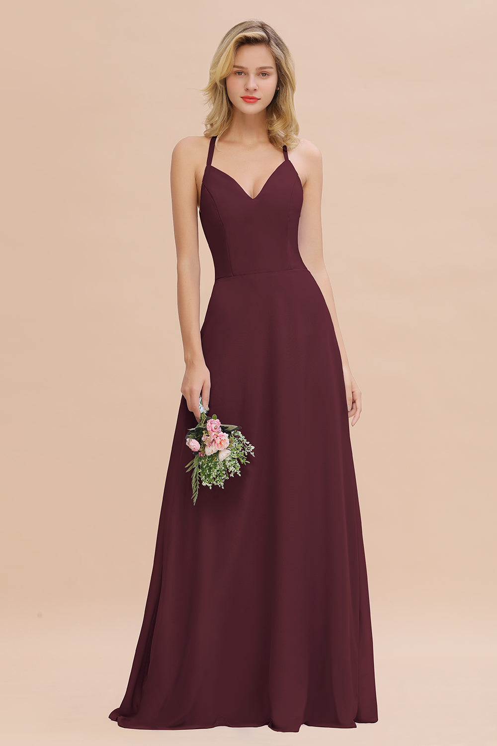 Stylish Chiffon Spaghetti Straps Sleeveless Long Bridesmaid Dress
