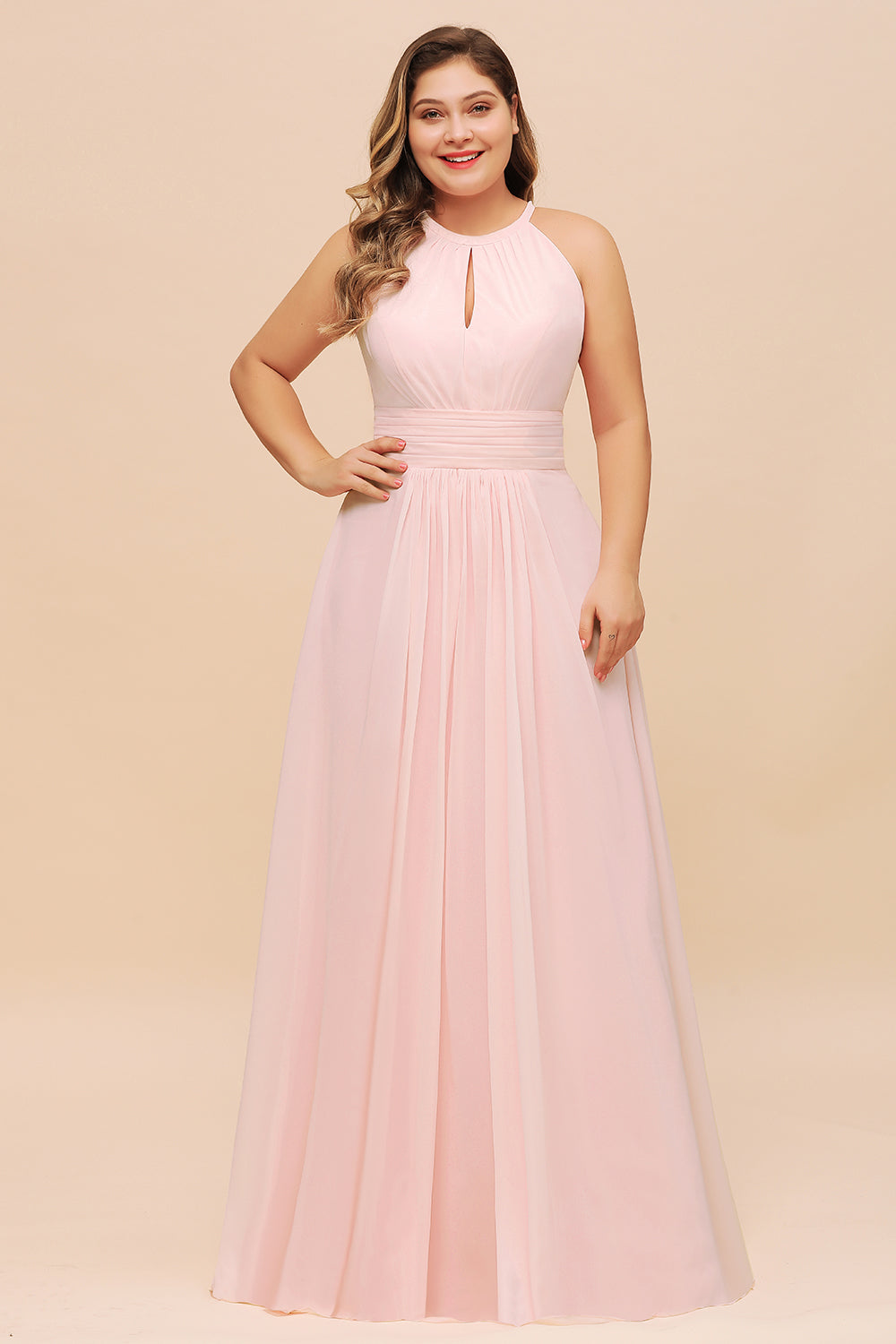 Long Plus Size Long Halter Chiffon Pink Bridesmaid Dress