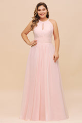 Long Plus Size Long Halter Chiffon Pink Bridesmaid Dress