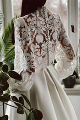 Two Piece Long Sleeves A-line High Neck Satin Lace Wedding Dress with Pockets