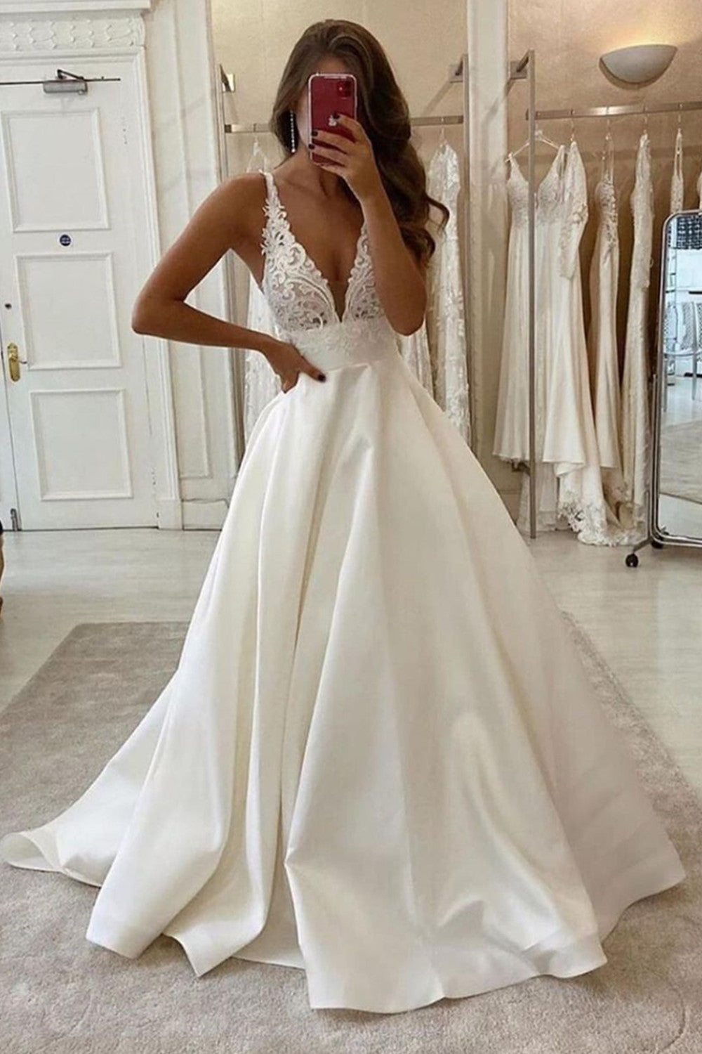 Long V-neck Spaghetti Straps A-Line Backless Wedding Dress With Pockets