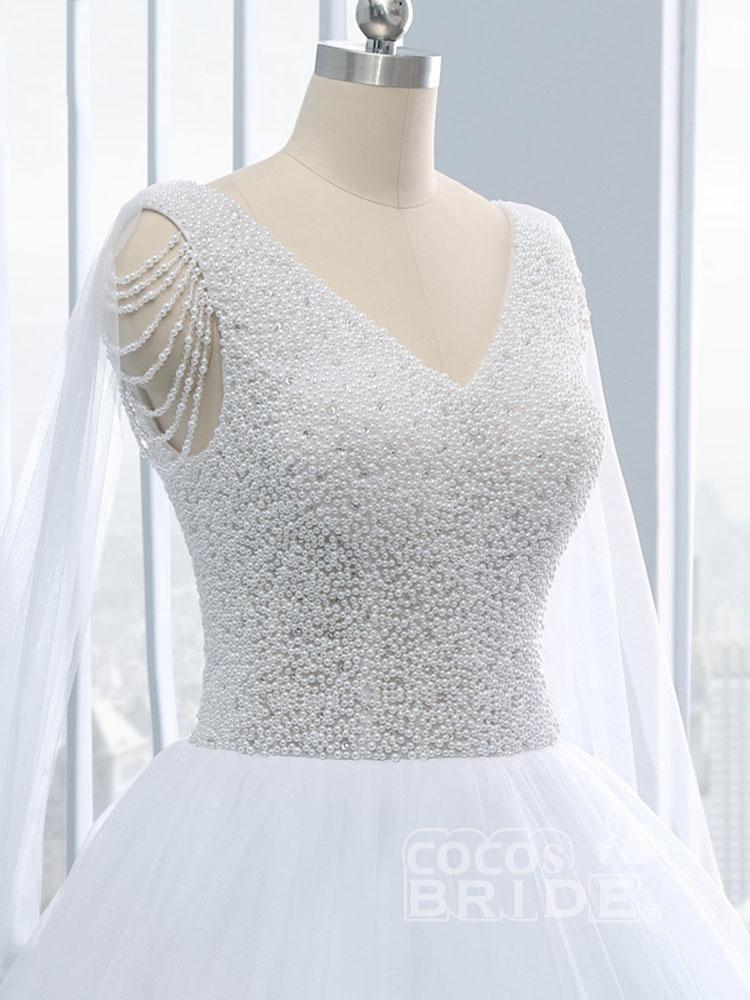 Beautiful Long A-line V-neck Tulle Beads Wedding Dresses with Sleeves