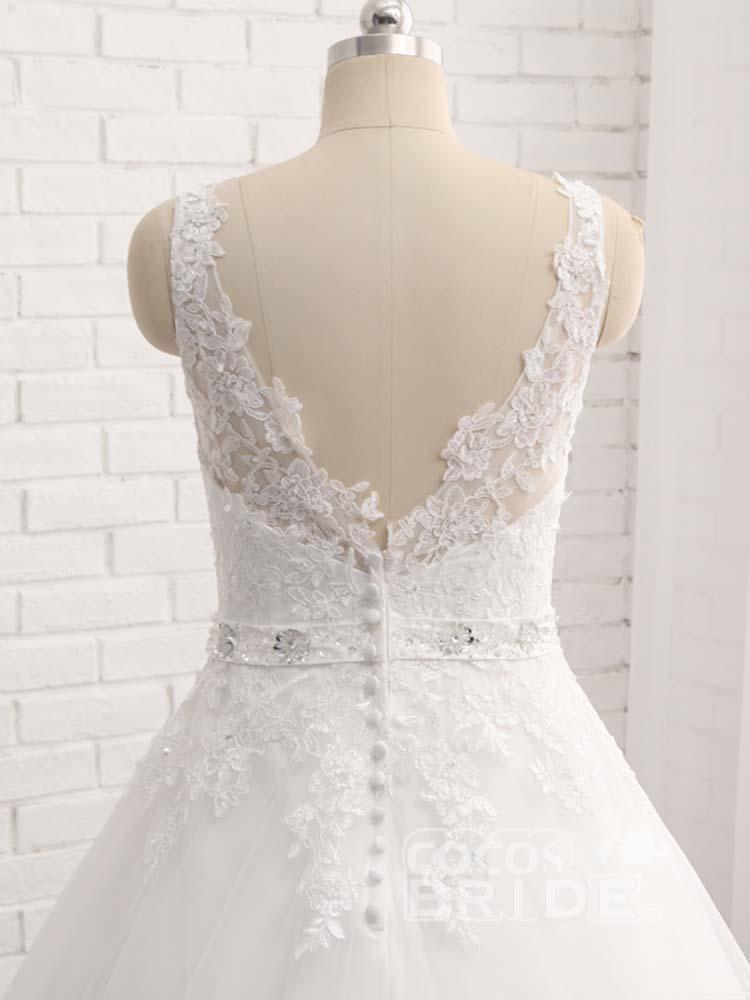 Long V-Neck Beaded Backless Tulle Lace A-Line Wedding Dresses