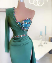 Elegant One Shoulder Long Sleeve Floor Length Mermaid Prom Dress With Split