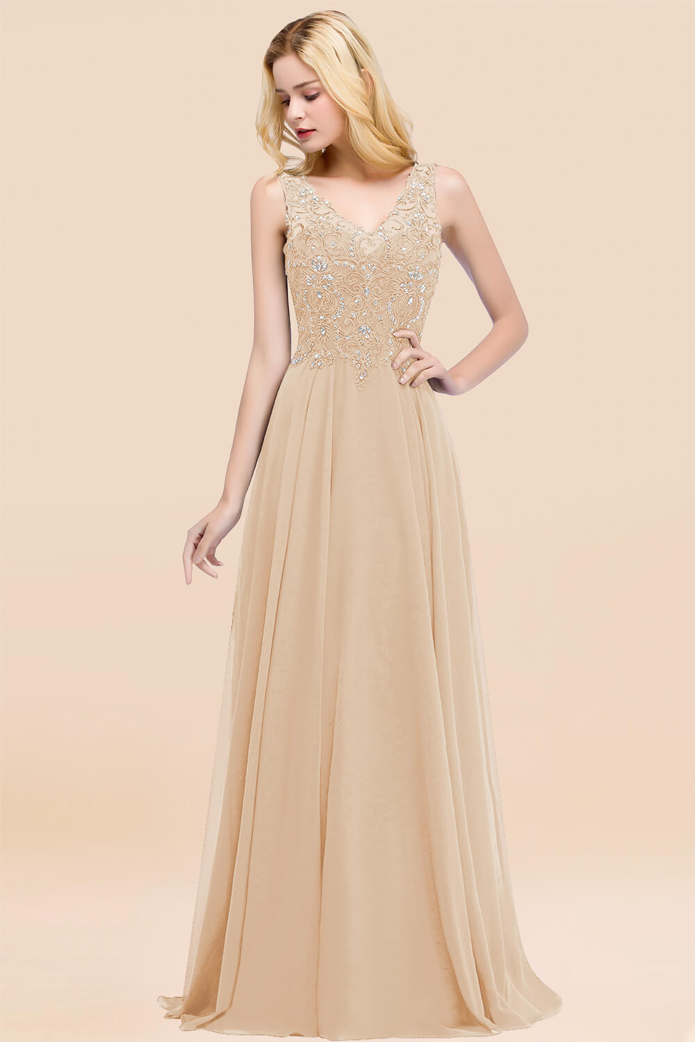 A-line Chiffon Appliques V-neck Sleeveless Floor Length Bridesmaid Dresses with Crystals