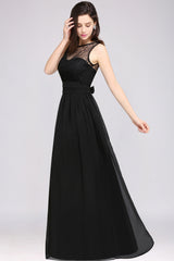 A-Line Chiffon Lace Jewel Sleeveless Keyhole Floor Length Bridesmaid Dresses