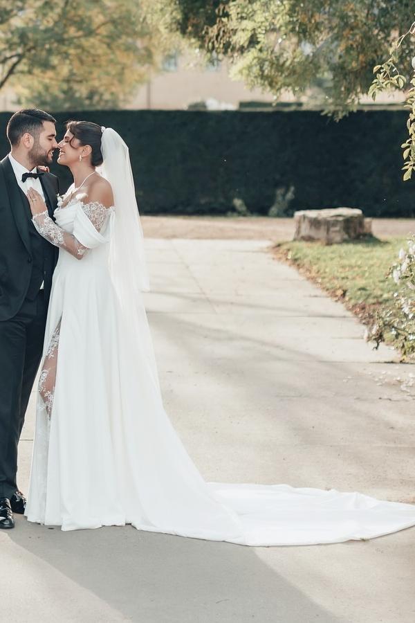 Long Off The Shoulder Split Front A-Line White Wedding Dress with Ruffles