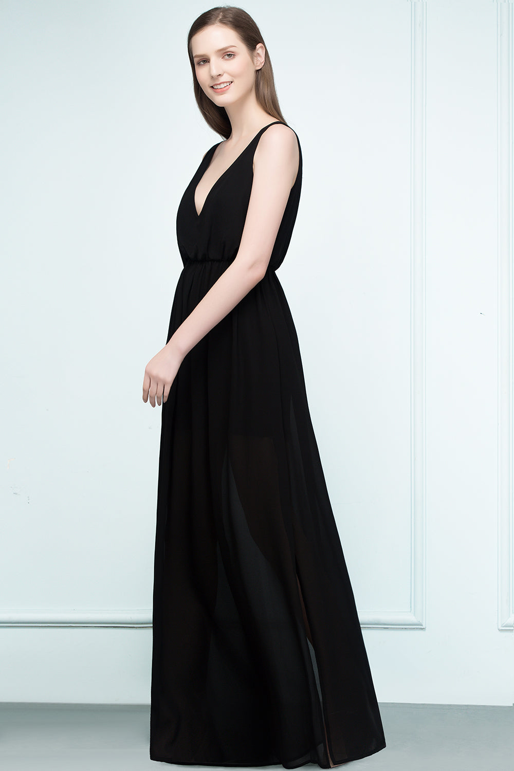 Black Long V-neck Chiffon A-line Evening Dress