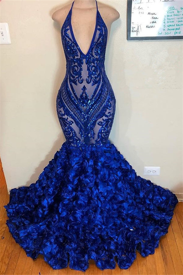 Long V-neck Halter Mermaid Sweep Train Prom Dresses