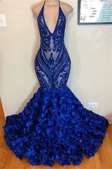 Long V-neck Halter Mermaid Sweep Train Prom Dresses
