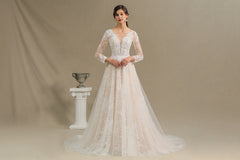 Long A-line V-neck Tulle Lace Wedding Dress with Sleeves