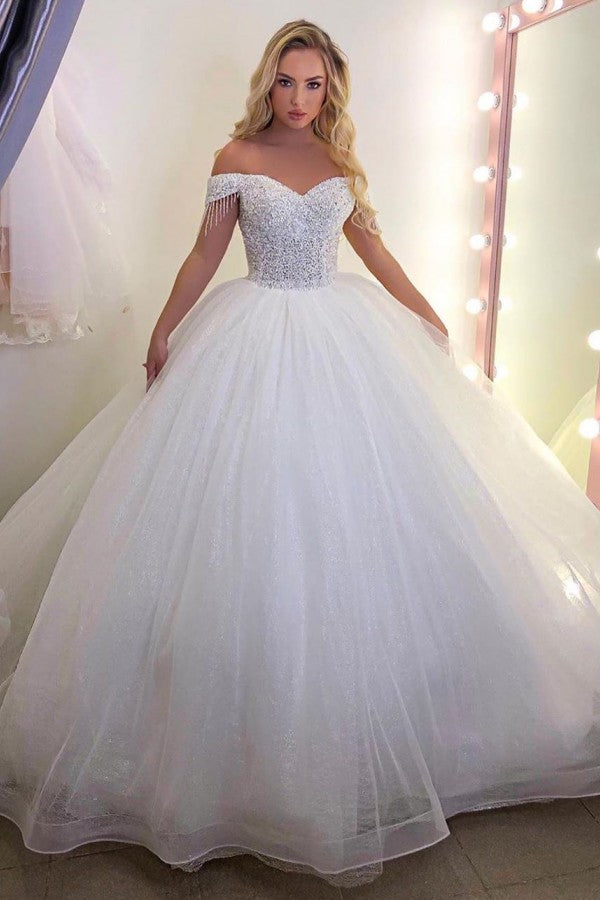 Elegant Long Ball Gown Sequin Off the Shoulder Tulle Wedding Dress