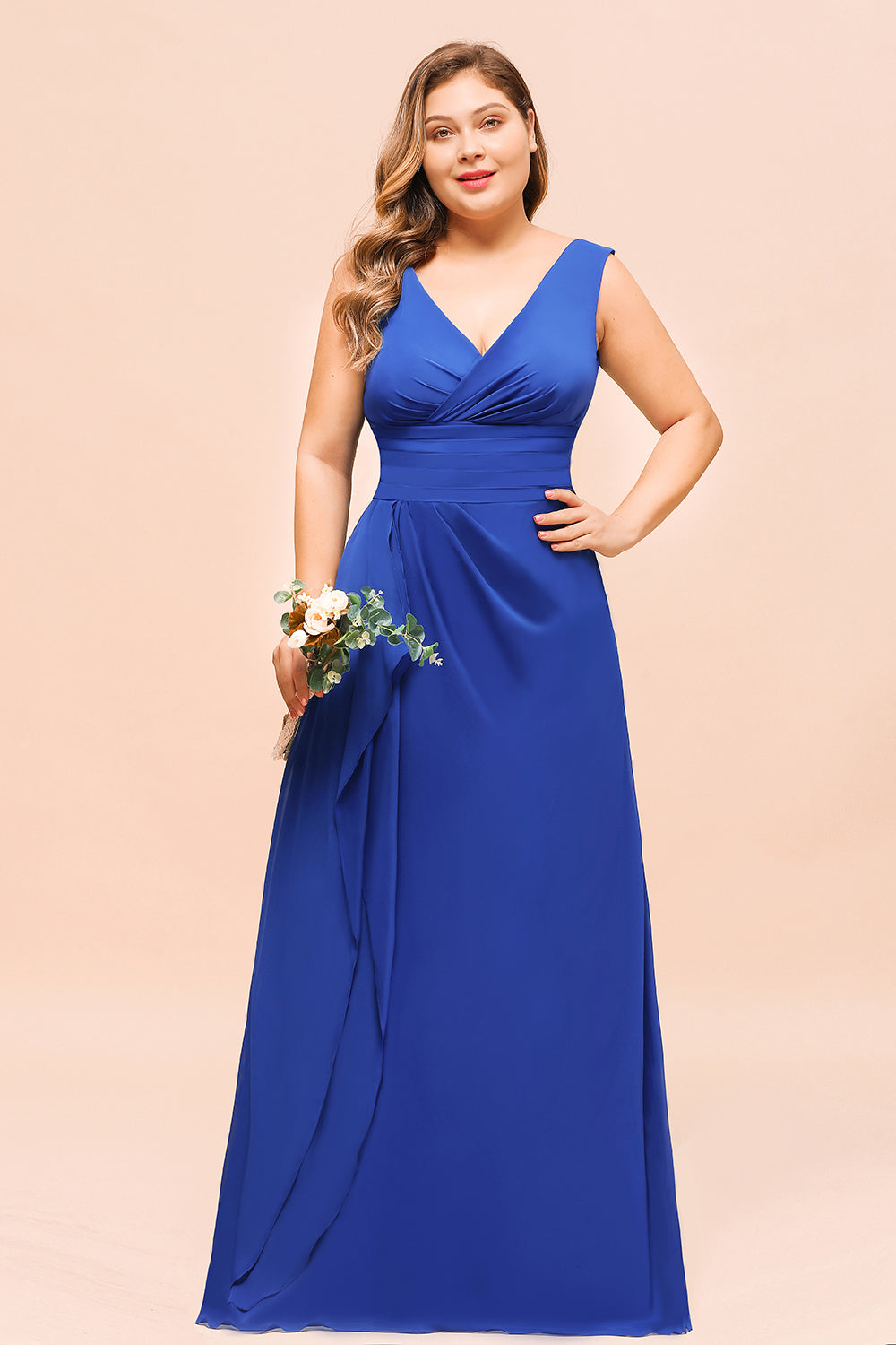 Plus Size Wide Straps V-neck A-line Floor Length Chiffon Bridesmaid Dress