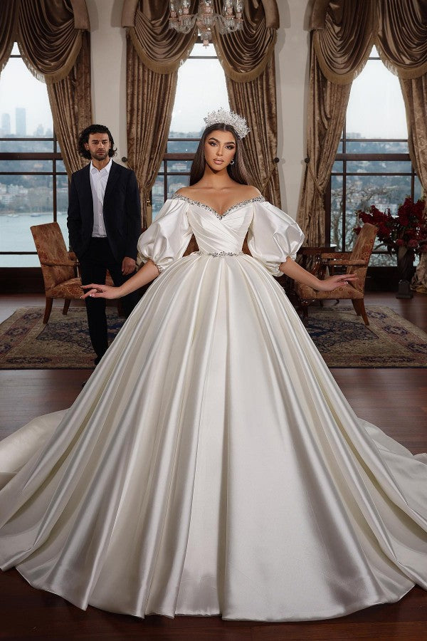 Elegant Long Ball Gown Off the Shoulder Satin Wedding Dresses with Sleeves